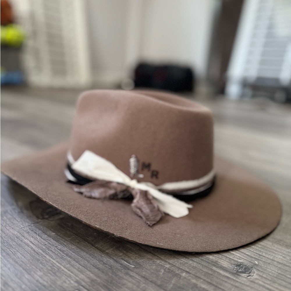 Brown Wide-Brim Hat with Ribbon Accent